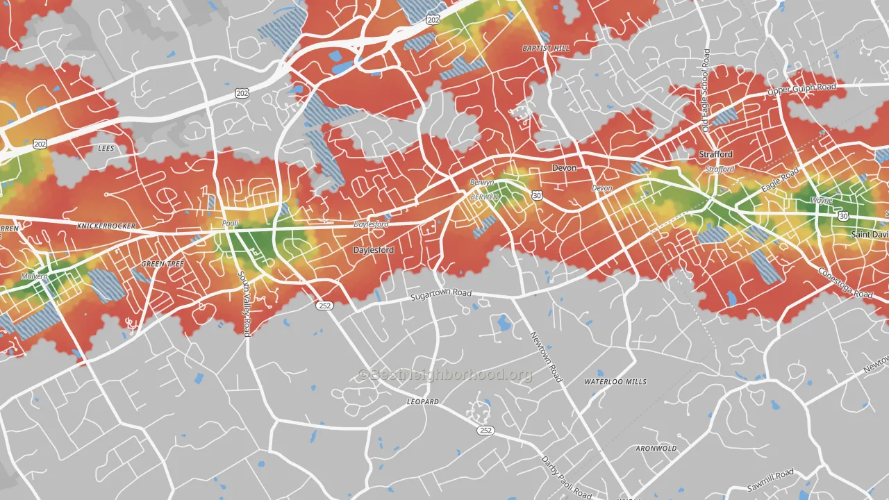 Walk Grade map of 19312, PA, walkable areas in green and car-dependent areas in red