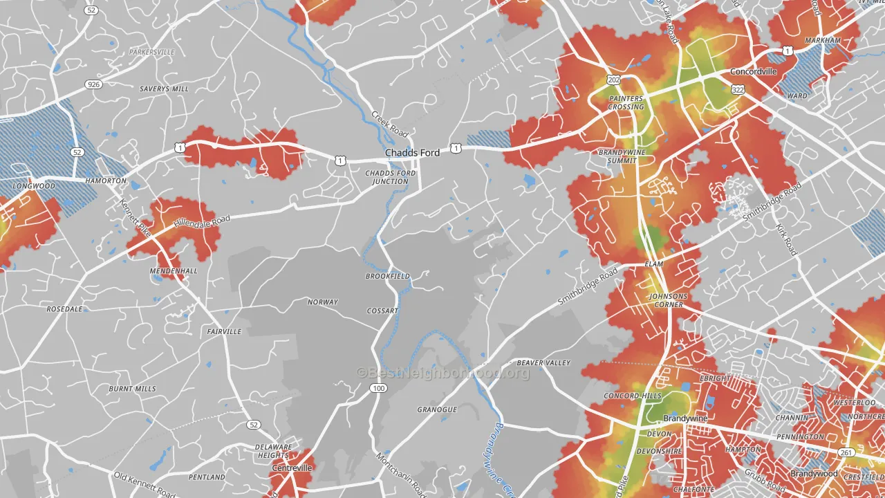 Walk Grade map of 19317, PA, walkable areas in green and car-dependent areas in red
