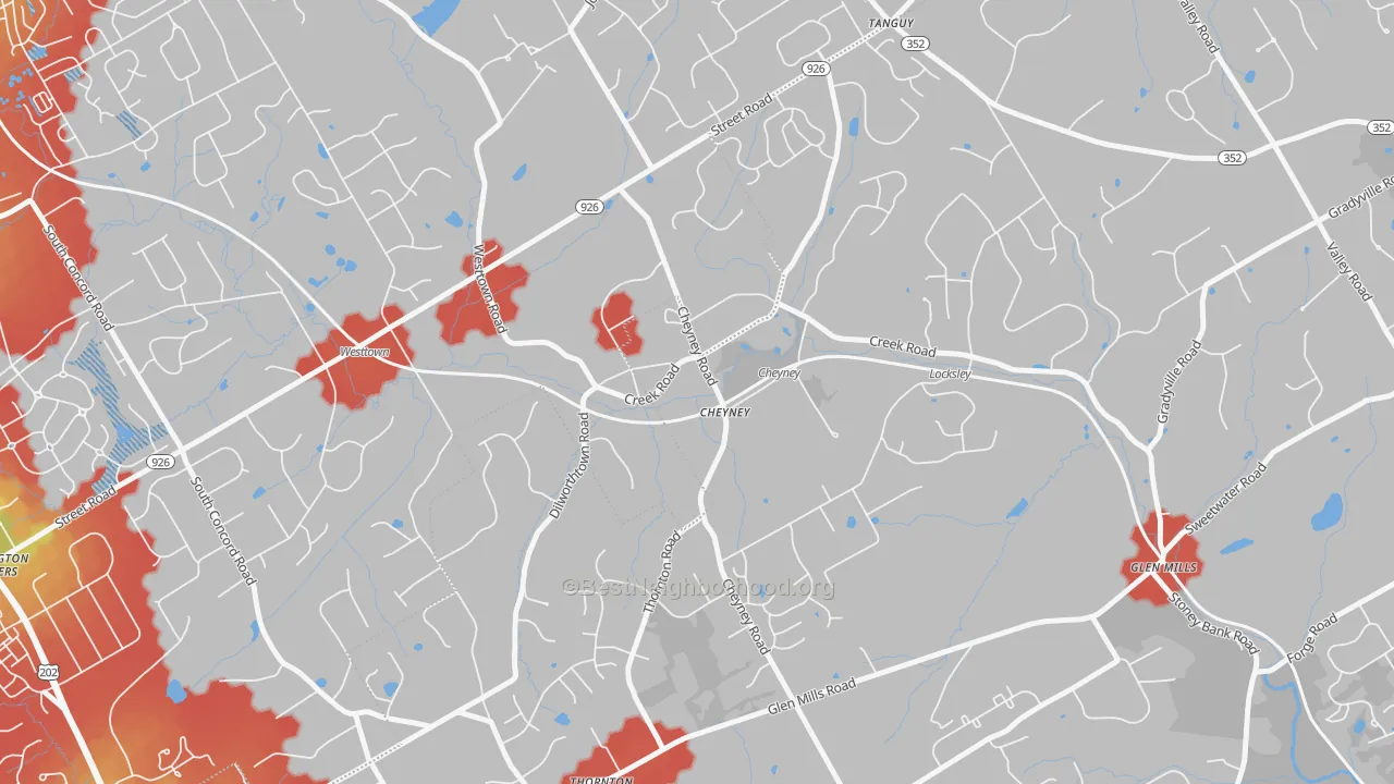 Walk Grade map of 19319, PA, walkable areas in green and car-dependent areas in red