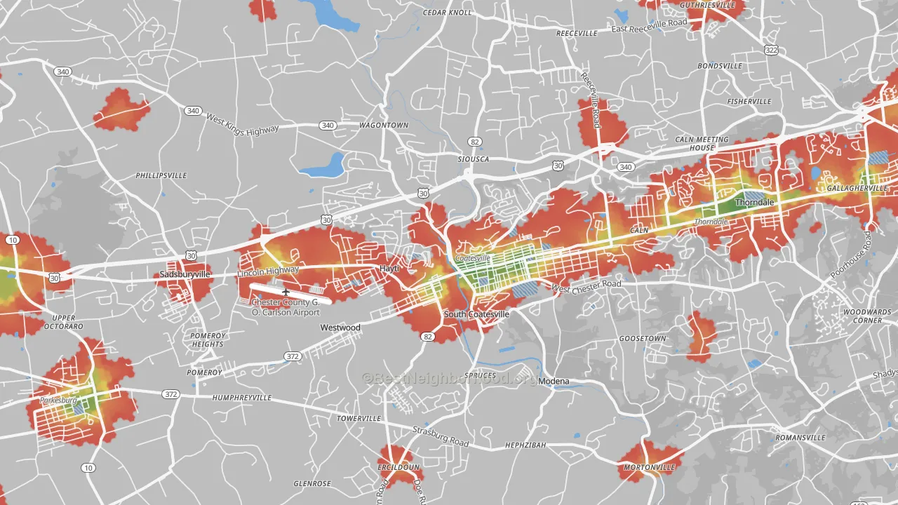 Walk Grade map of 19320, PA, walkable areas in green and car-dependent areas in red