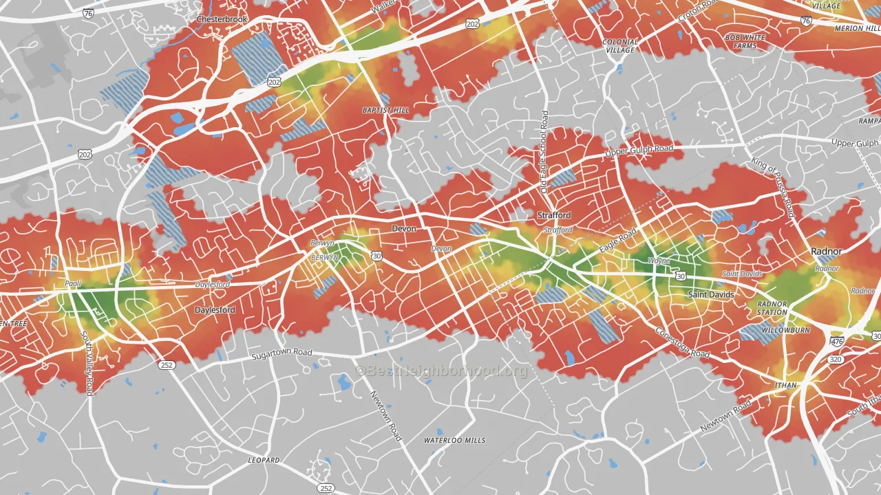 Walk Grade map of 19333, PA, walkable areas in green and car-dependent areas in red