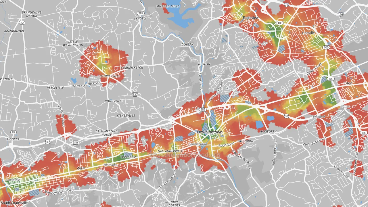 Walk Grade map of 19335, PA, walkable areas in green and car-dependent areas in red