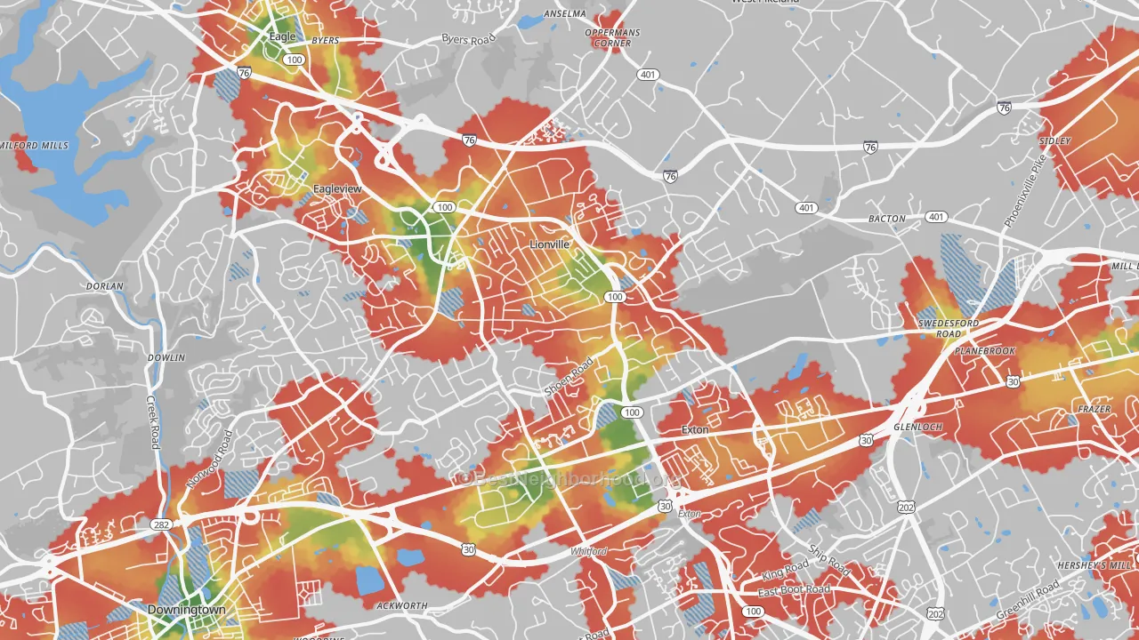 Walk Grade map of 19341, PA, walkable areas in green and car-dependent areas in red