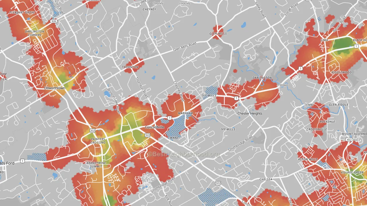 Walk Grade map of 19342, PA, walkable areas in green and car-dependent areas in red