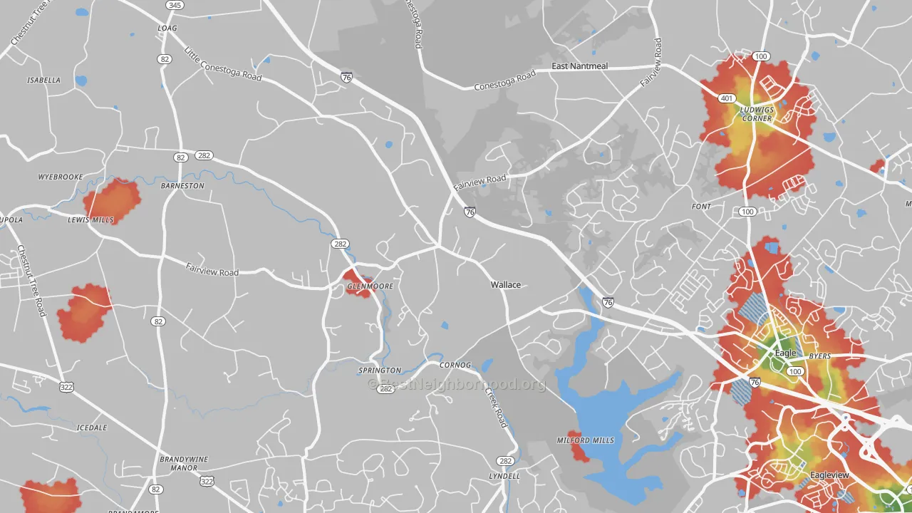 Walk Grade map of 19343, PA, walkable areas in green and car-dependent areas in red