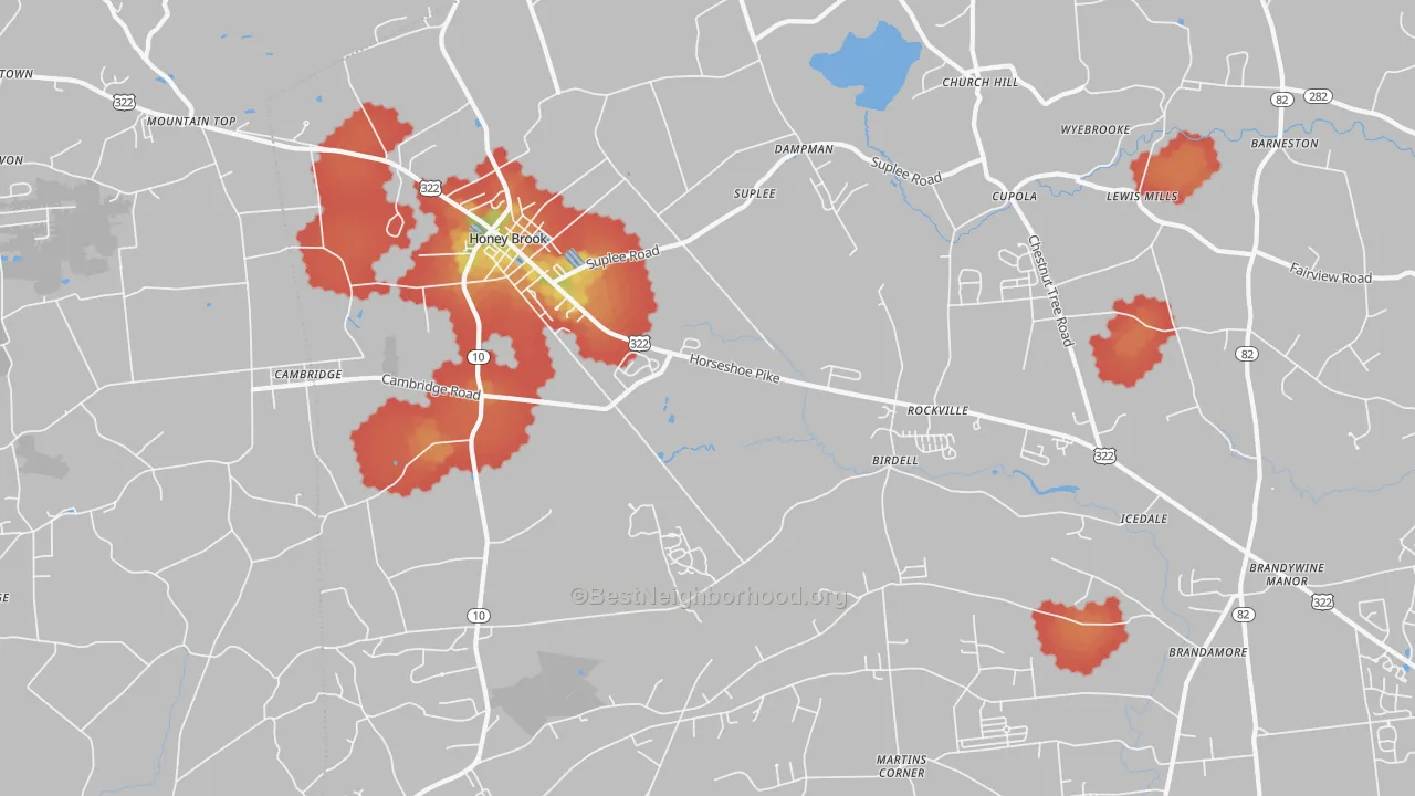 Walk Grade map of 19344, PA, walkable areas in green and car-dependent areas in red