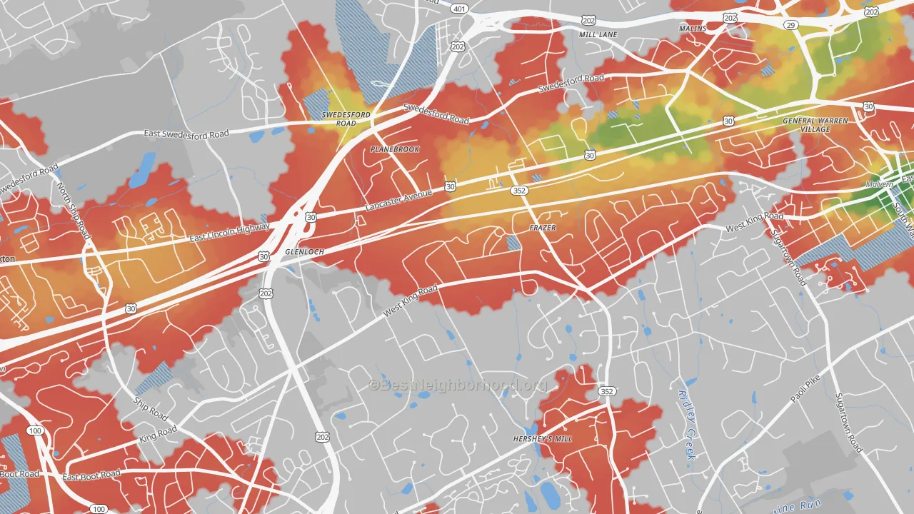 Walk Grade map of 19345, PA, walkable areas in green and car-dependent areas in red