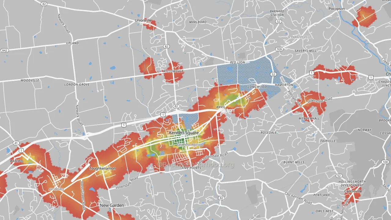 Walk Grade map of 19348, PA, walkable areas in green and car-dependent areas in red
