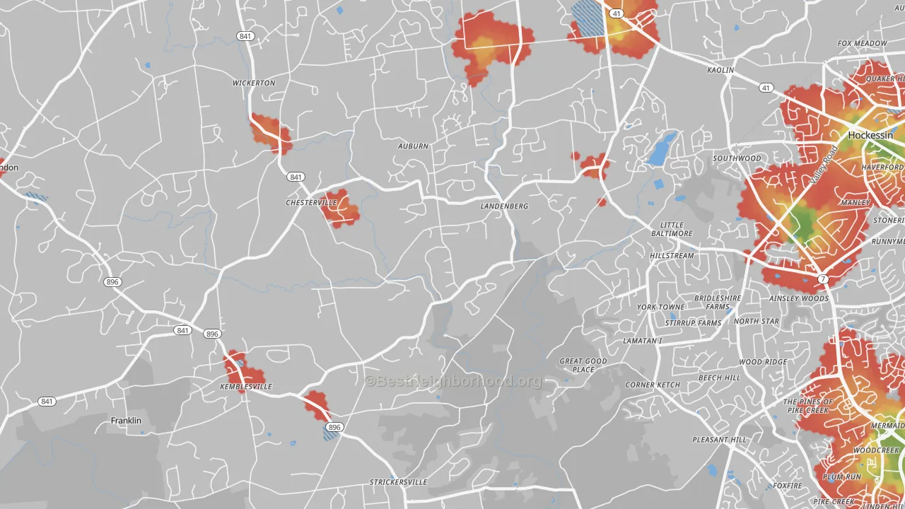 Walk Grade map of 19350, PA, walkable areas in green and car-dependent areas in red