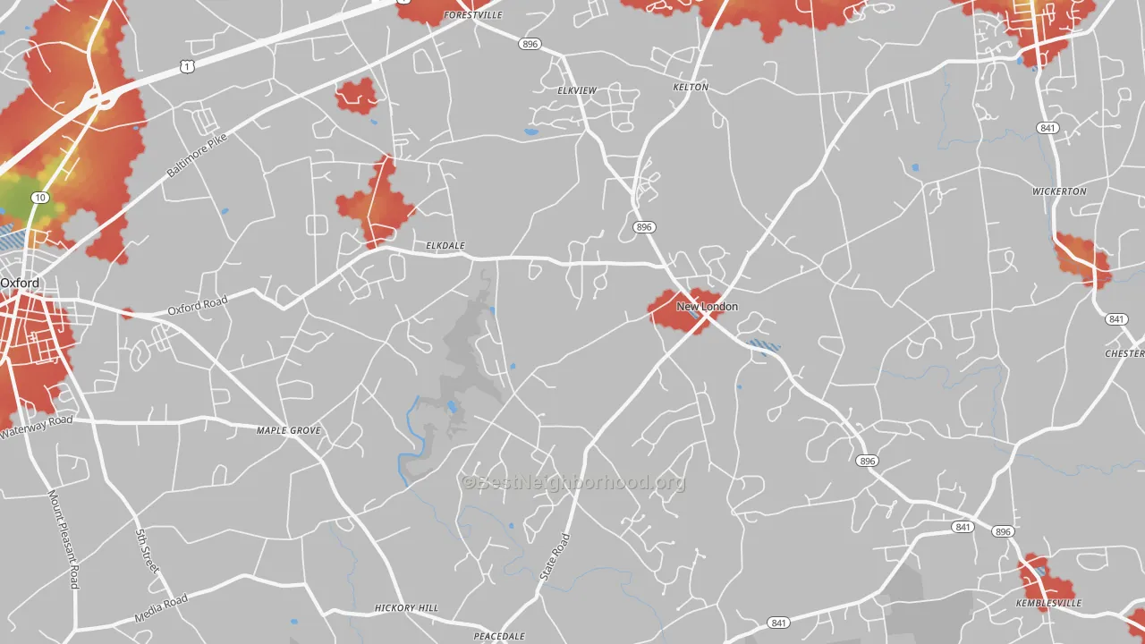Walk Grade map of 19352, PA, walkable areas in green and car-dependent areas in red