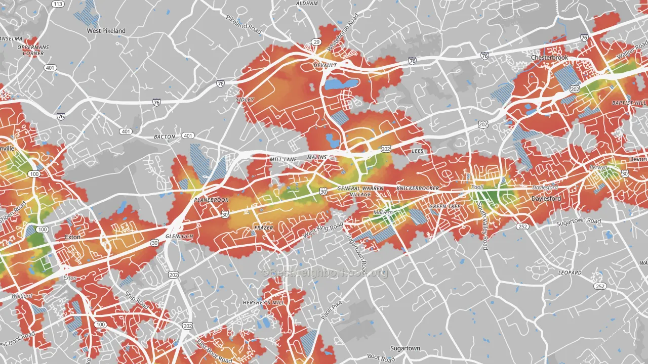 Walk Grade map of 19355, PA, walkable areas in green and car-dependent areas in red