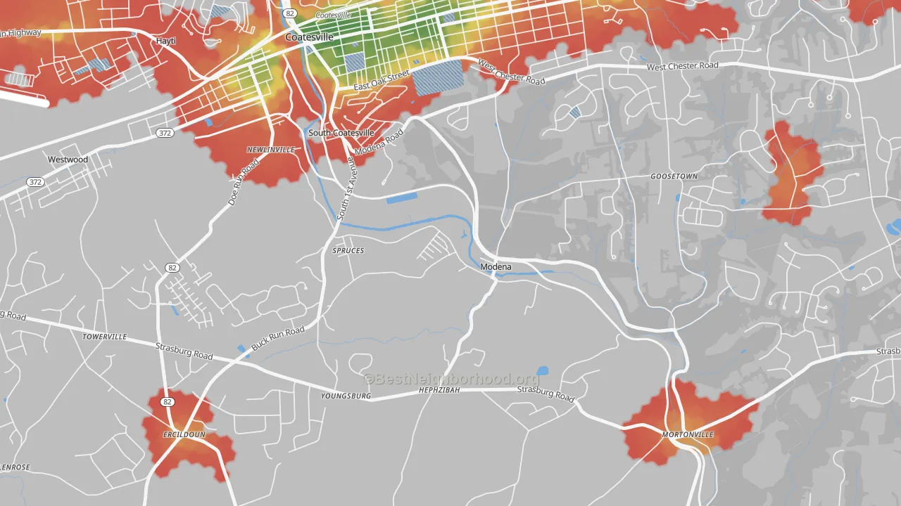 Walk Grade map of 19358, PA, walkable areas in green and car-dependent areas in red