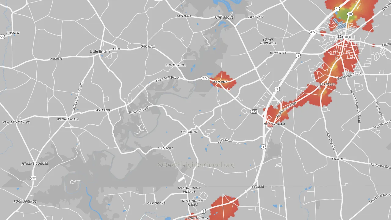 Walk Grade map of 19362, PA, walkable areas in green and car-dependent areas in red