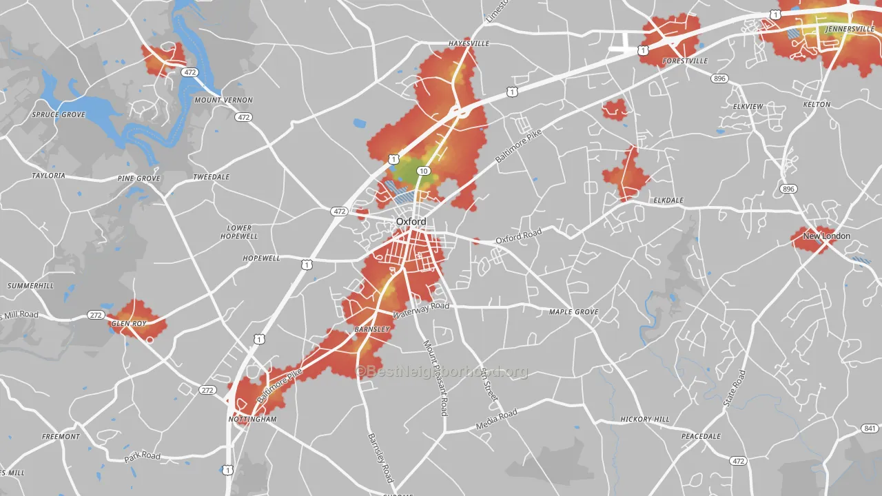 Walk Grade map of 19363, PA, walkable areas in green and car-dependent areas in red
