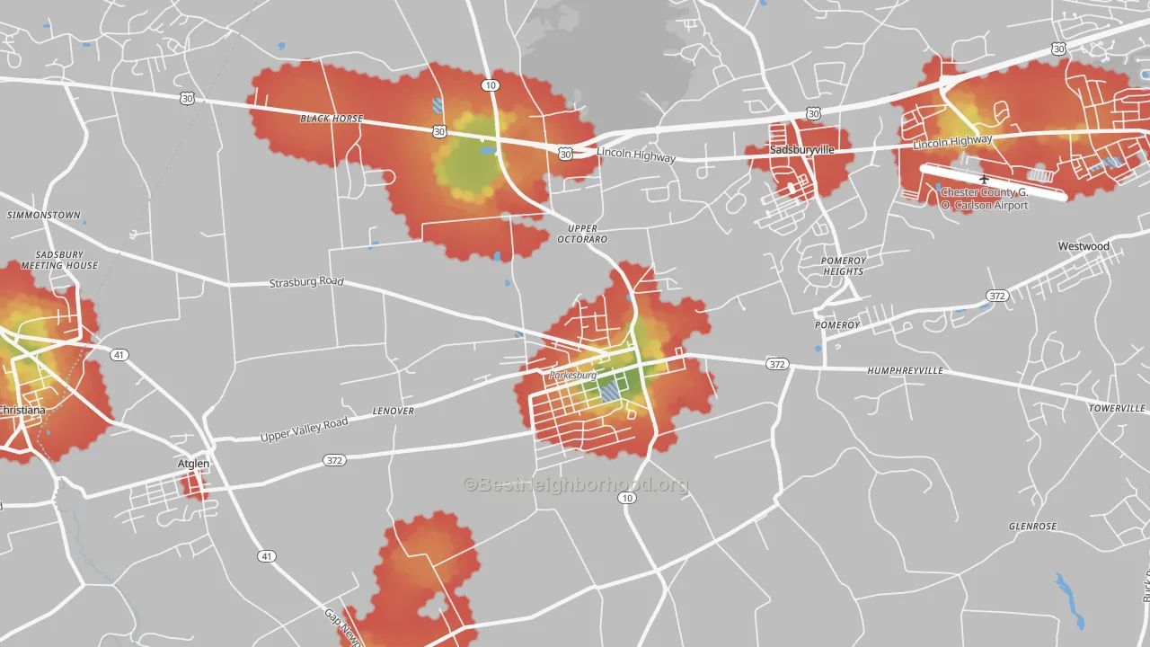 Walk Grade map of 19365, PA, walkable areas in green and car-dependent areas in red