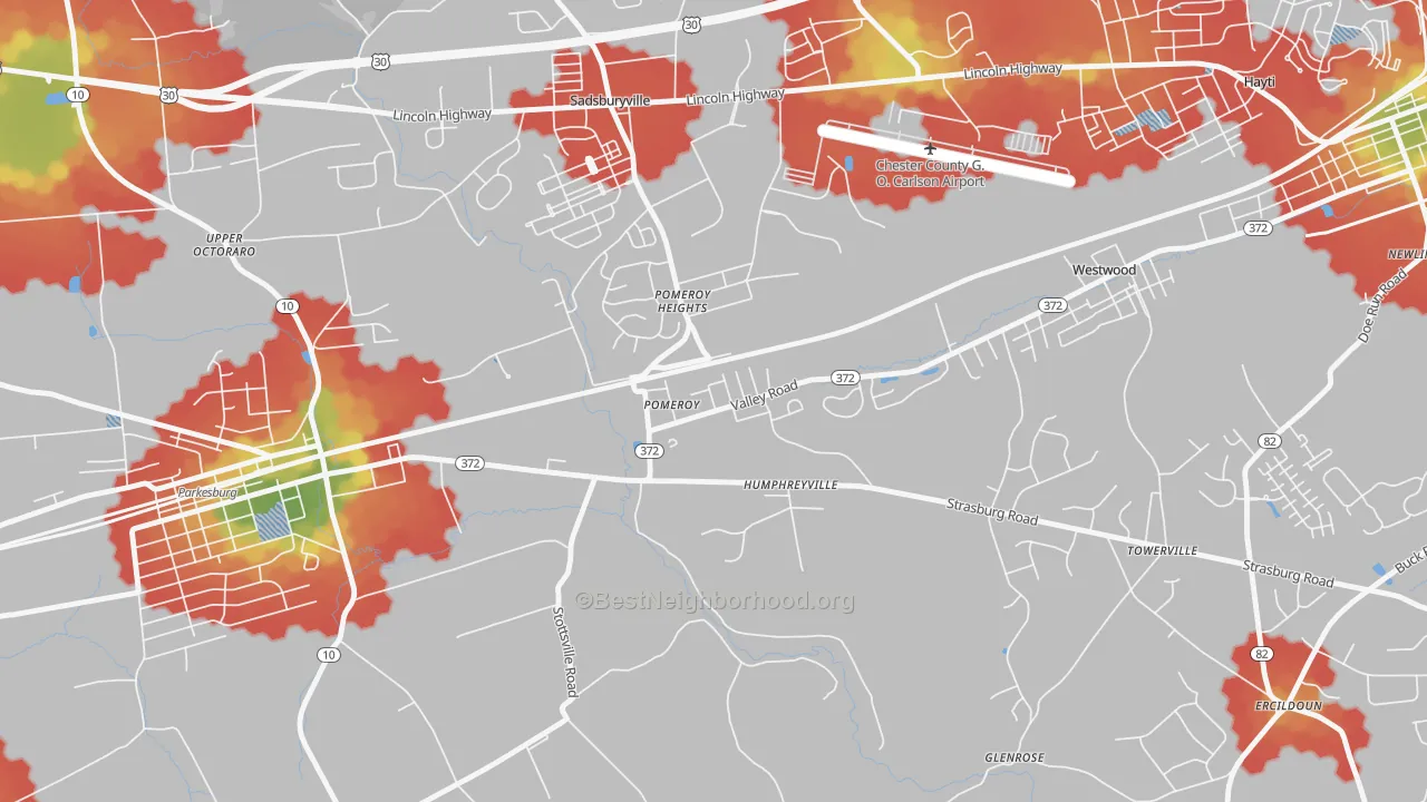 Walk Grade map of 19367, PA, walkable areas in green and car-dependent areas in red