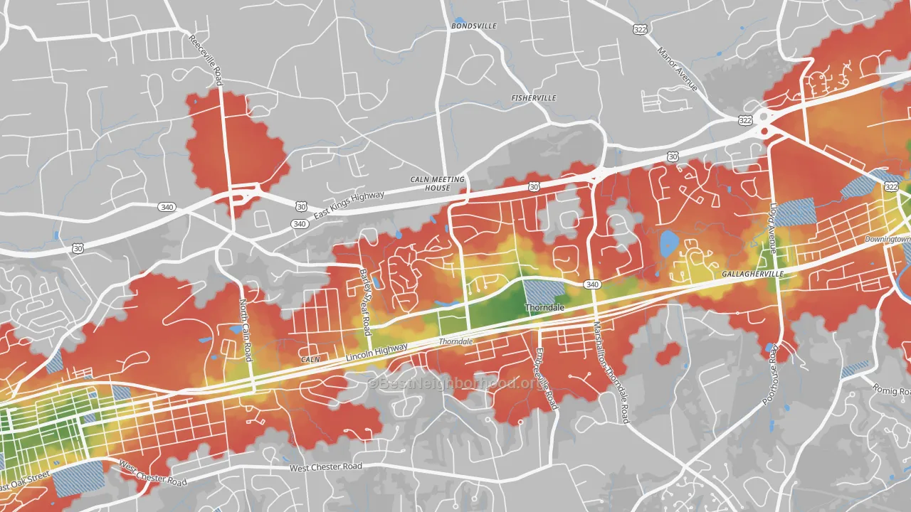 Walk Grade map of 19372, PA, walkable areas in green and car-dependent areas in red