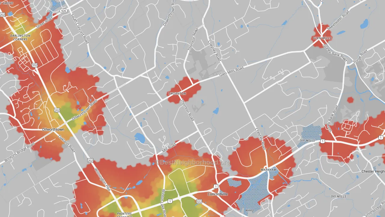 Walk Grade map of 19373, PA, walkable areas in green and car-dependent areas in red