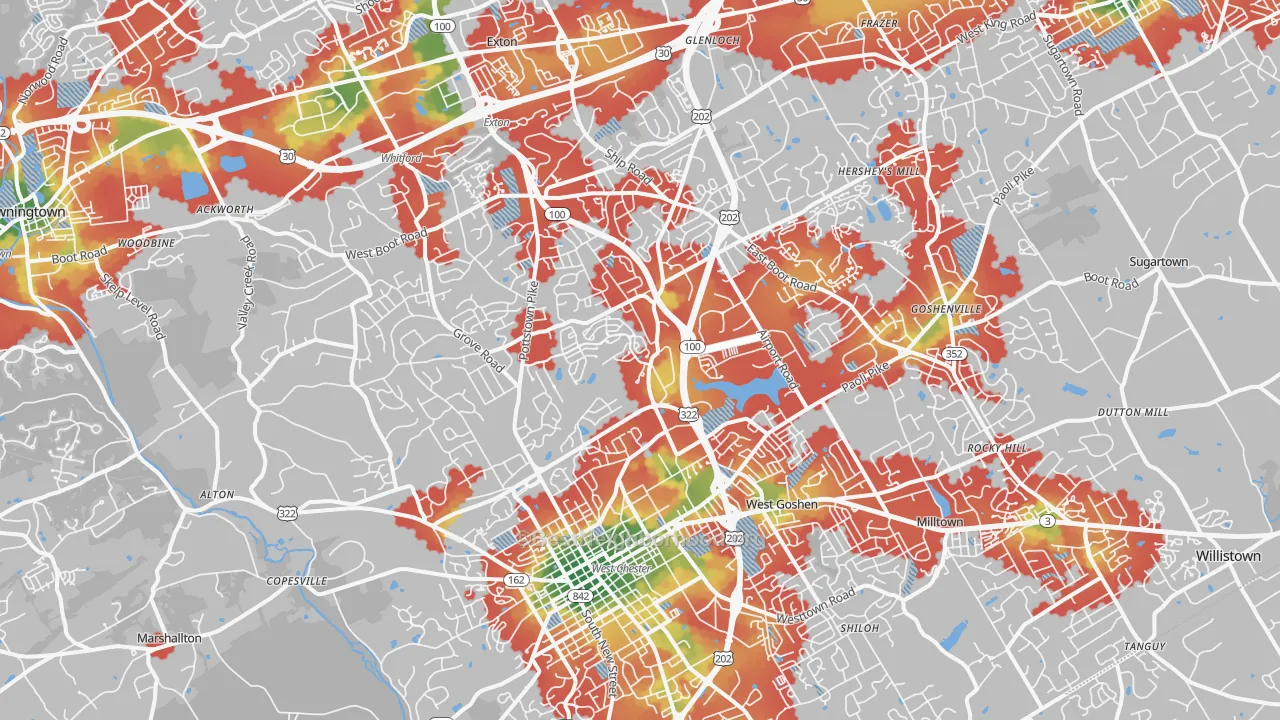 Walk Grade map of 19380, PA, walkable areas in green and car-dependent areas in red