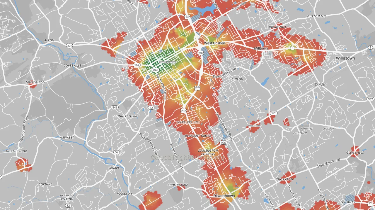 Walk Grade map of 19382, PA, walkable areas in green and car-dependent areas in red