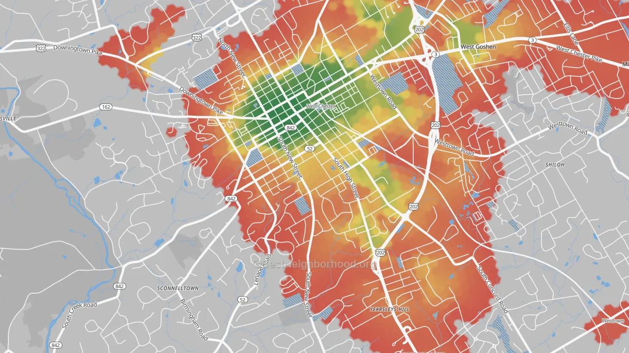 Walk Grade map of 19383, PA, walkable areas in green and car-dependent areas in red