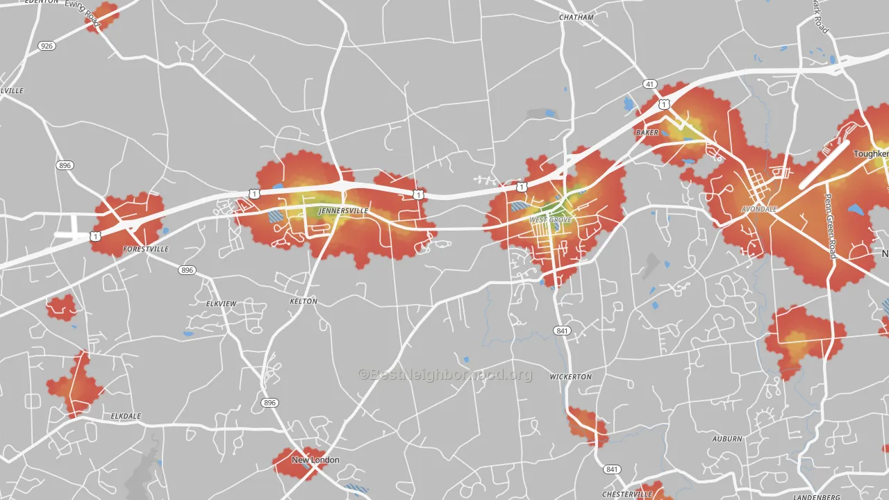 Walk Grade map of 19390, PA, walkable areas in green and car-dependent areas in red