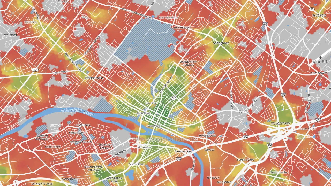 Walk Grade map of 19401, PA, walkable areas in green and car-dependent areas in red