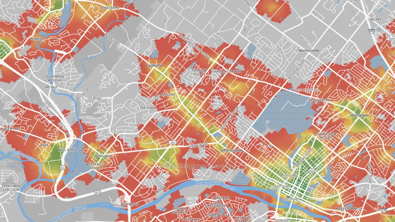 Walk Grade map of 19403, PA, walkable areas in green and car-dependent areas in red