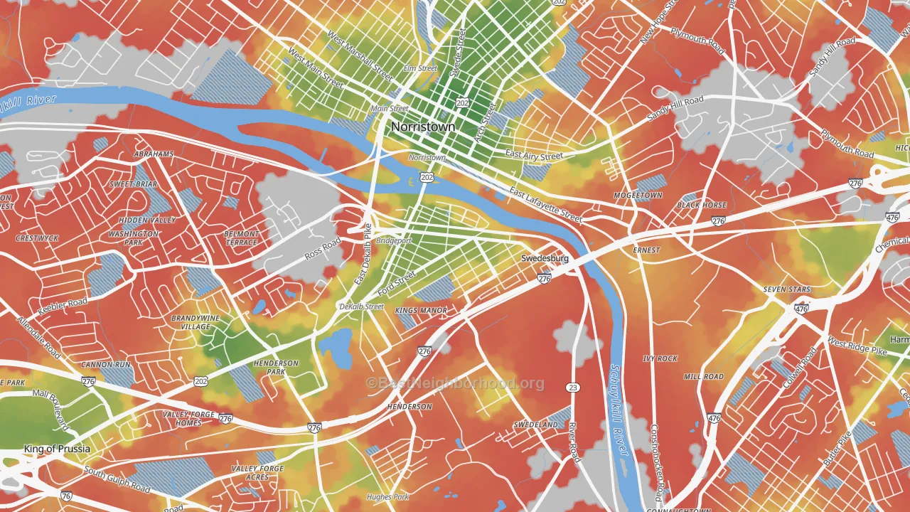 Walk Grade map of 19405, PA, walkable areas in green and car-dependent areas in red