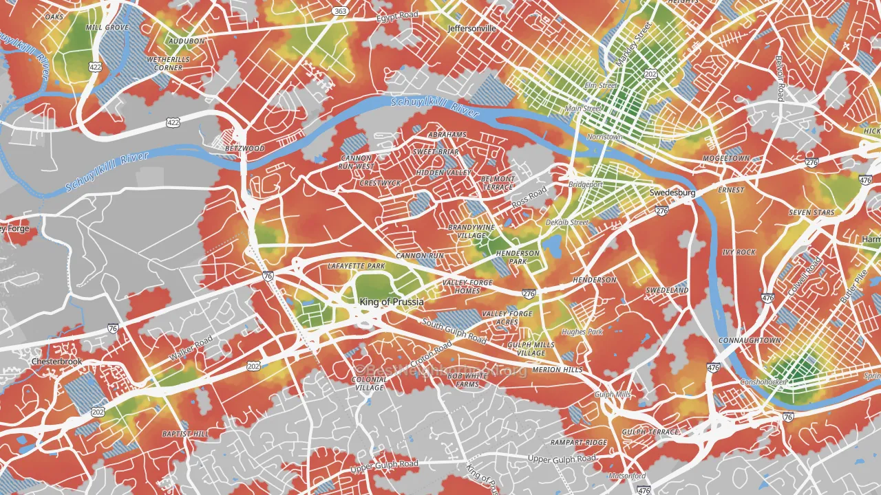 Walk Grade map of 19406, PA, walkable areas in green and car-dependent areas in red
