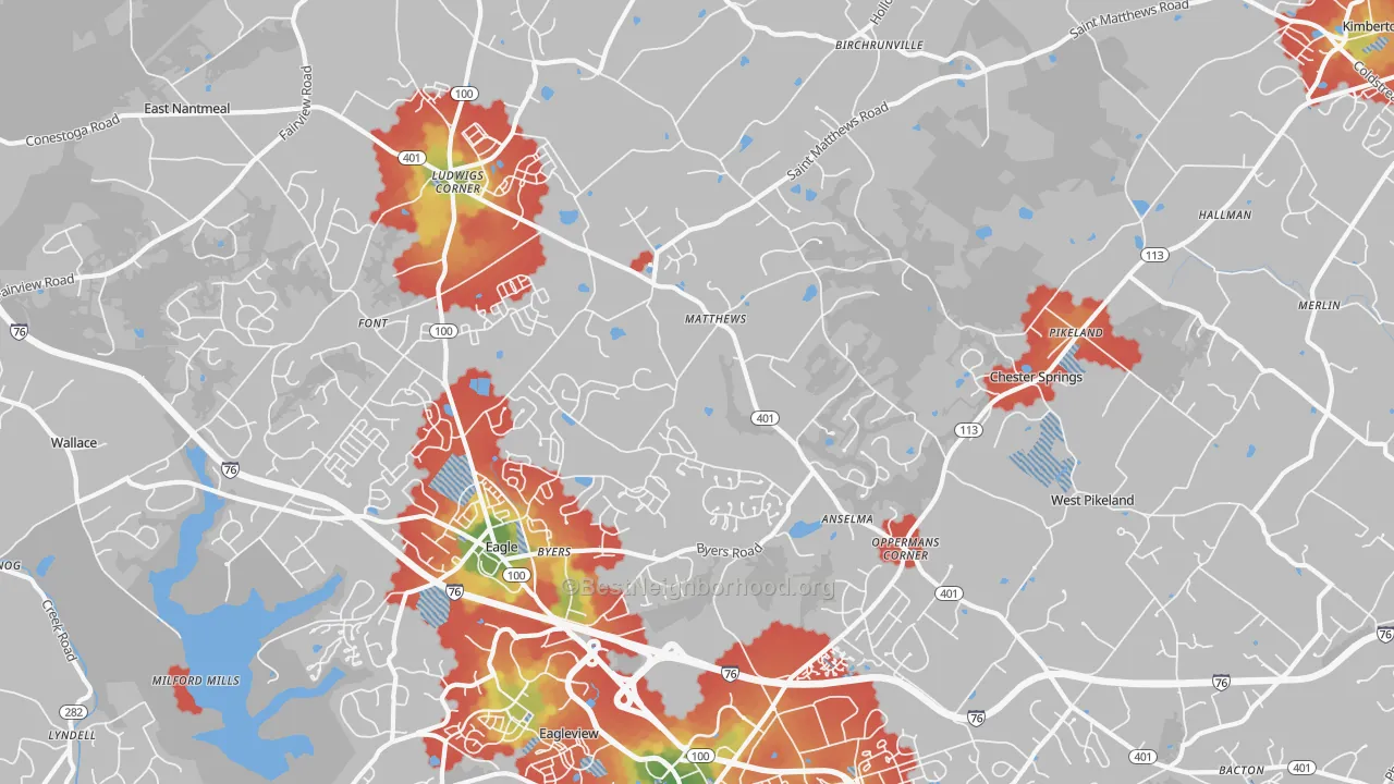 Walk Grade map of 19425, PA, walkable areas in green and car-dependent areas in red