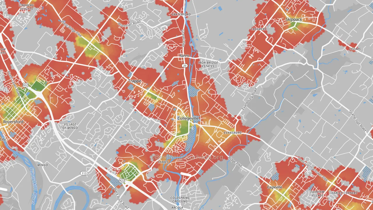 Walk Grade map of 19426, PA, walkable areas in green and car-dependent areas in red