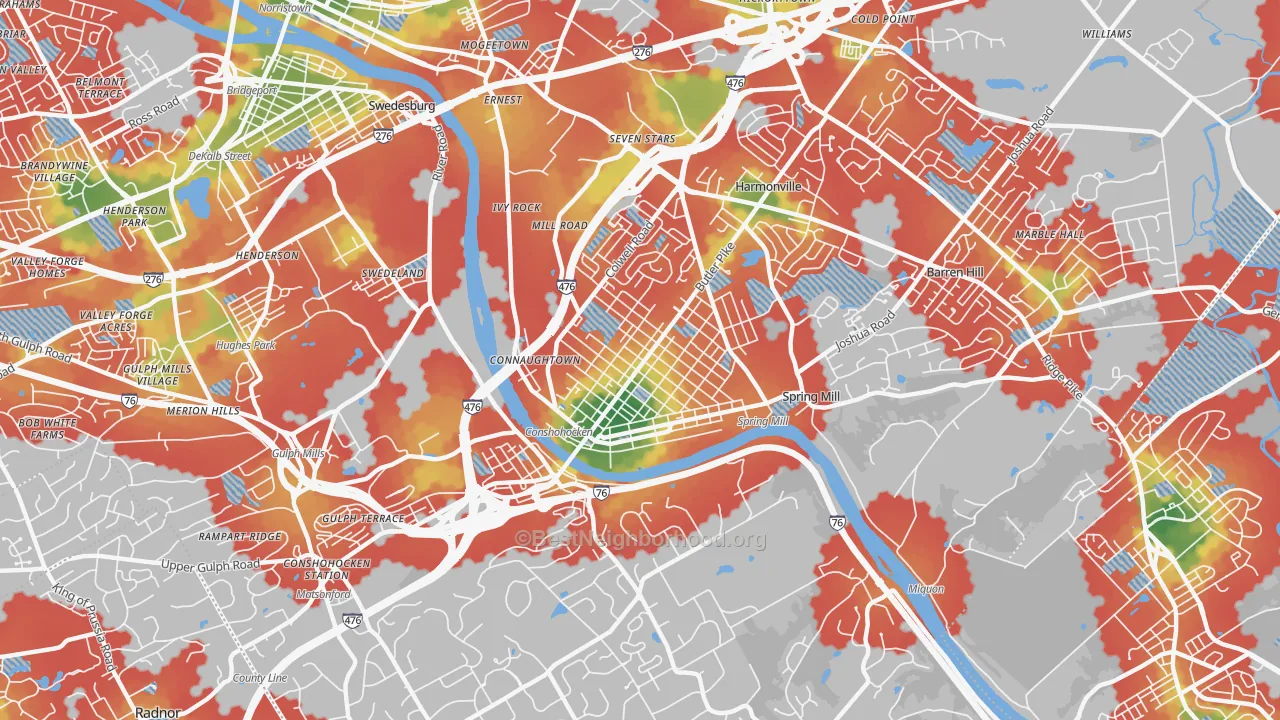 Walk Grade map of 19428, PA, walkable areas in green and car-dependent areas in red