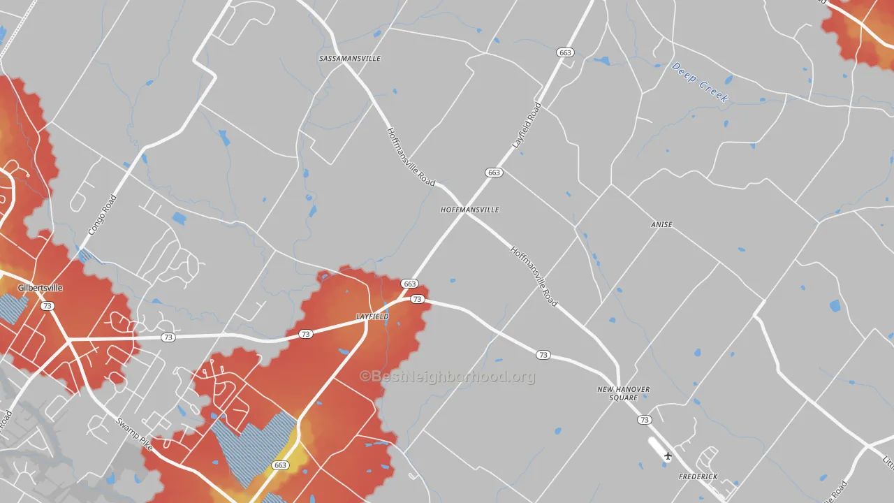 Walk Grade map of 19435, PA, walkable areas in green and car-dependent areas in red