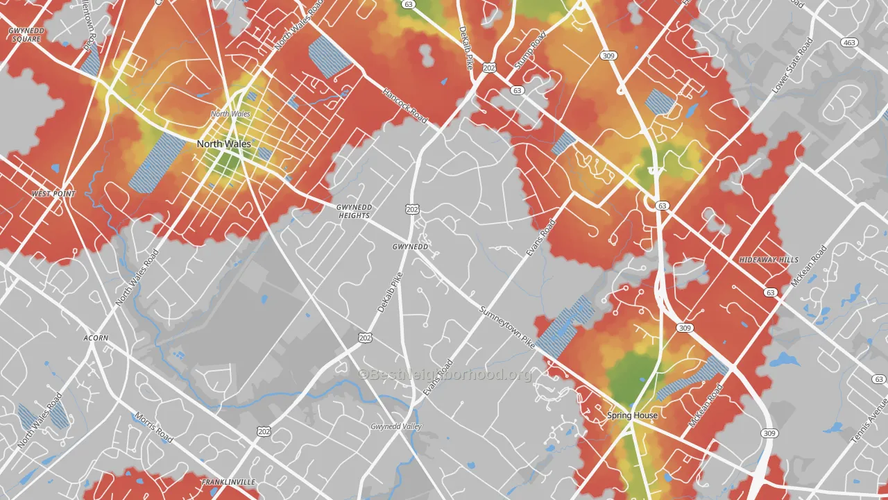 Walk Grade map of 19436, PA, walkable areas in green and car-dependent areas in red