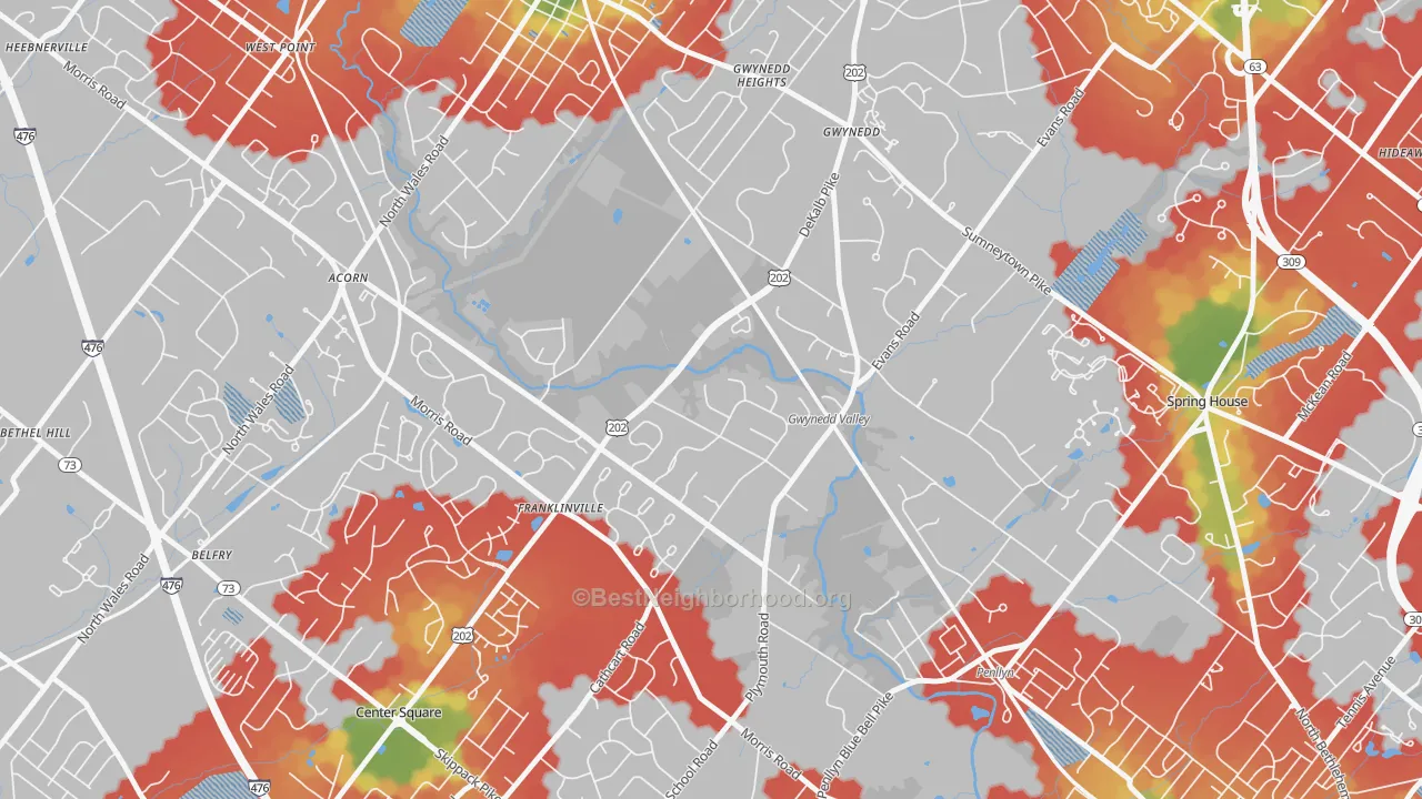 Walk Grade map of 19437, PA, walkable areas in green and car-dependent areas in red