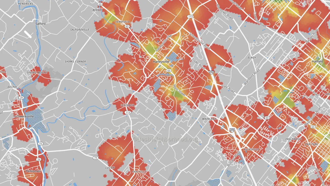 Walk Grade map of 19438, PA, walkable areas in green and car-dependent areas in red