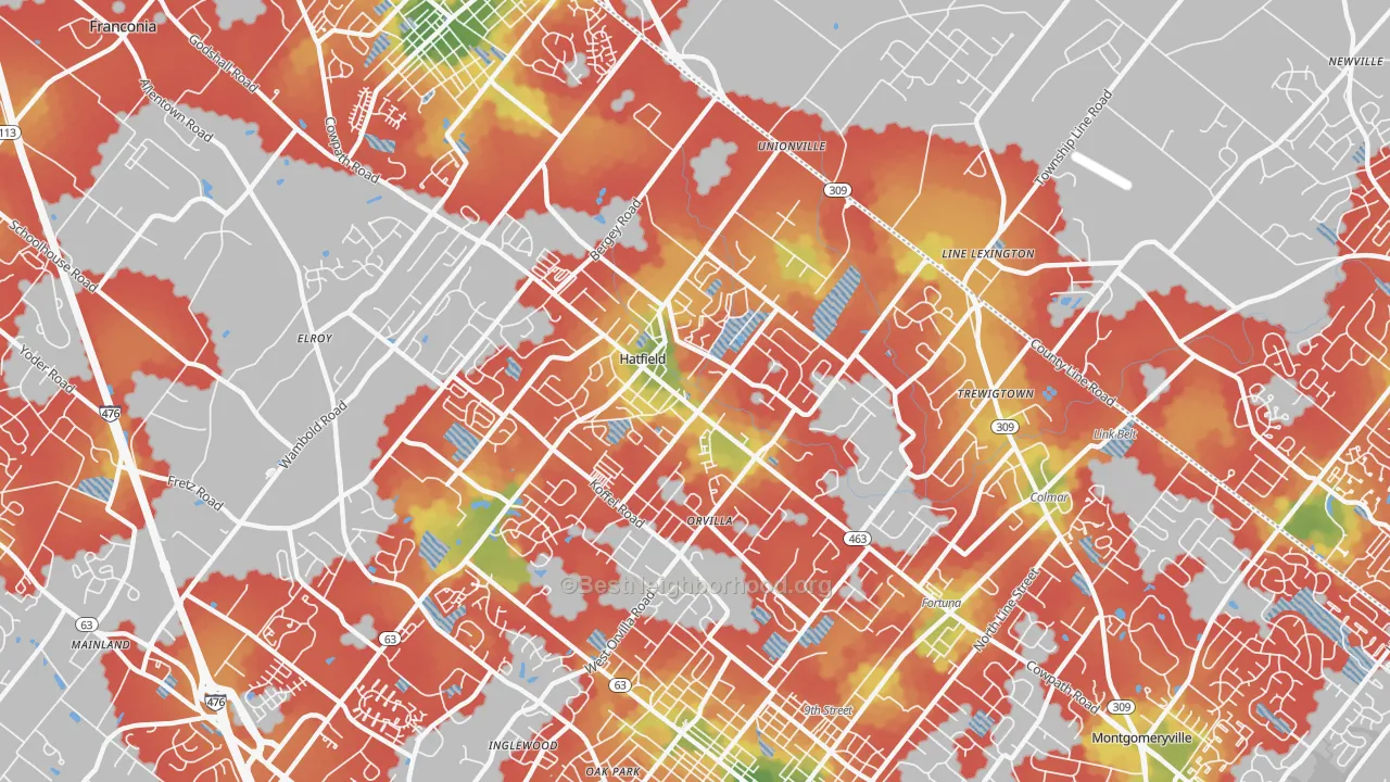 Walk Grade map of 19440, PA, walkable areas in green and car-dependent areas in red