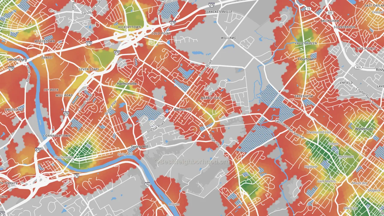 Walk Grade map of 19444, PA, walkable areas in green and car-dependent areas in red