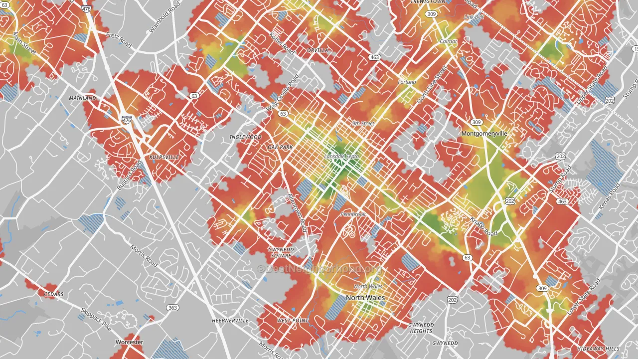 Walk Grade map of 19446, PA, walkable areas in green and car-dependent areas in red