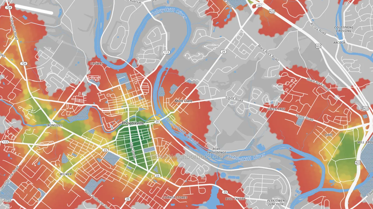 Walk Grade map of 19453, PA, walkable areas in green and car-dependent areas in red