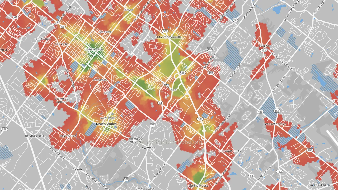 Walk Grade map of 19454, PA, walkable areas in green and car-dependent areas in red