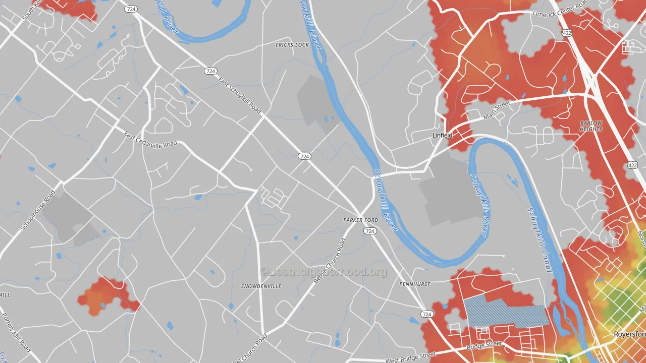 Walk Grade map of 19457, PA, walkable areas in green and car-dependent areas in red