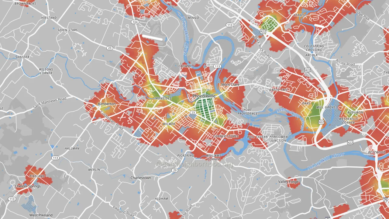 Walk Grade map of 19460, PA, walkable areas in green and car-dependent areas in red