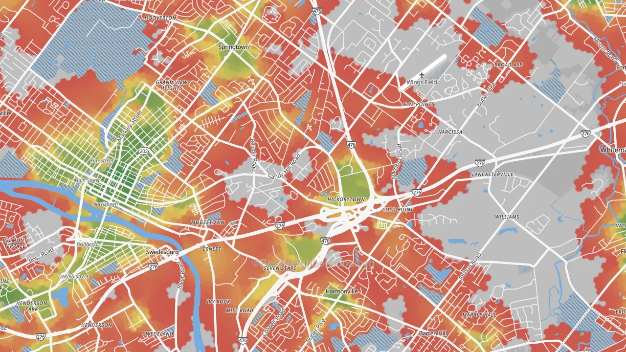Walk Grade map of 19462, PA, walkable areas in green and car-dependent areas in red