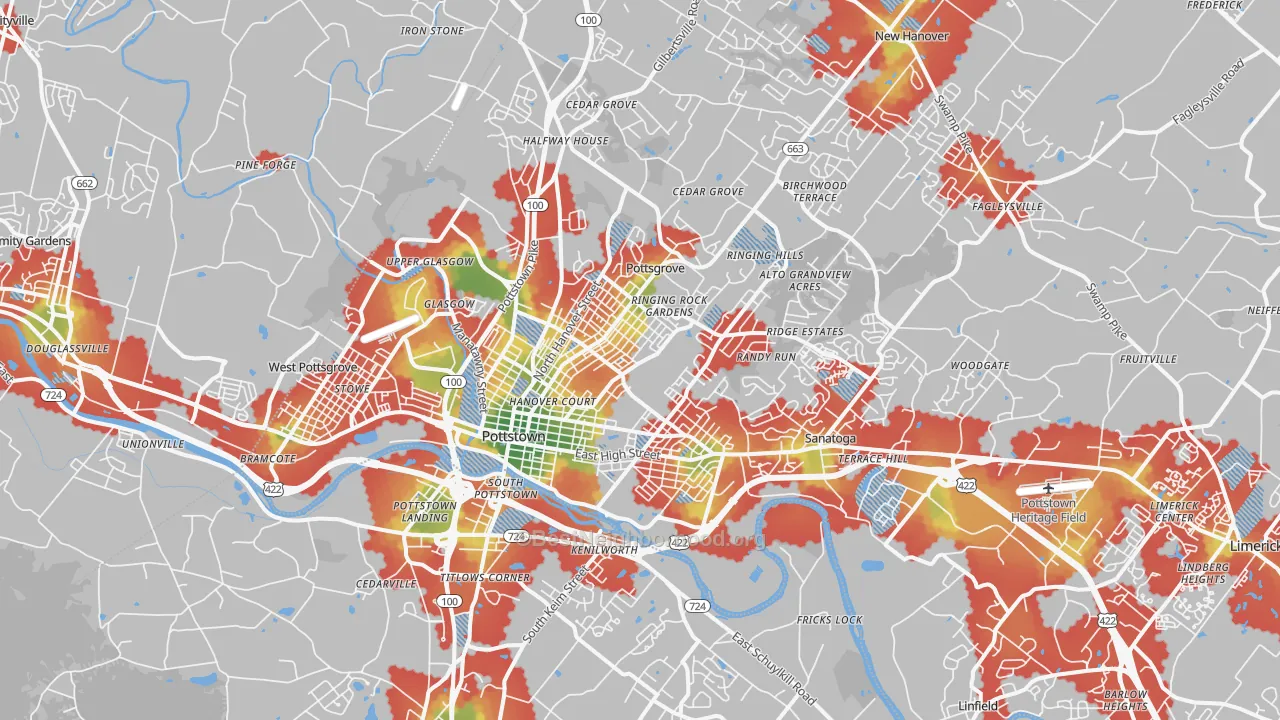 Walk Grade map of 19464, PA, walkable areas in green and car-dependent areas in red