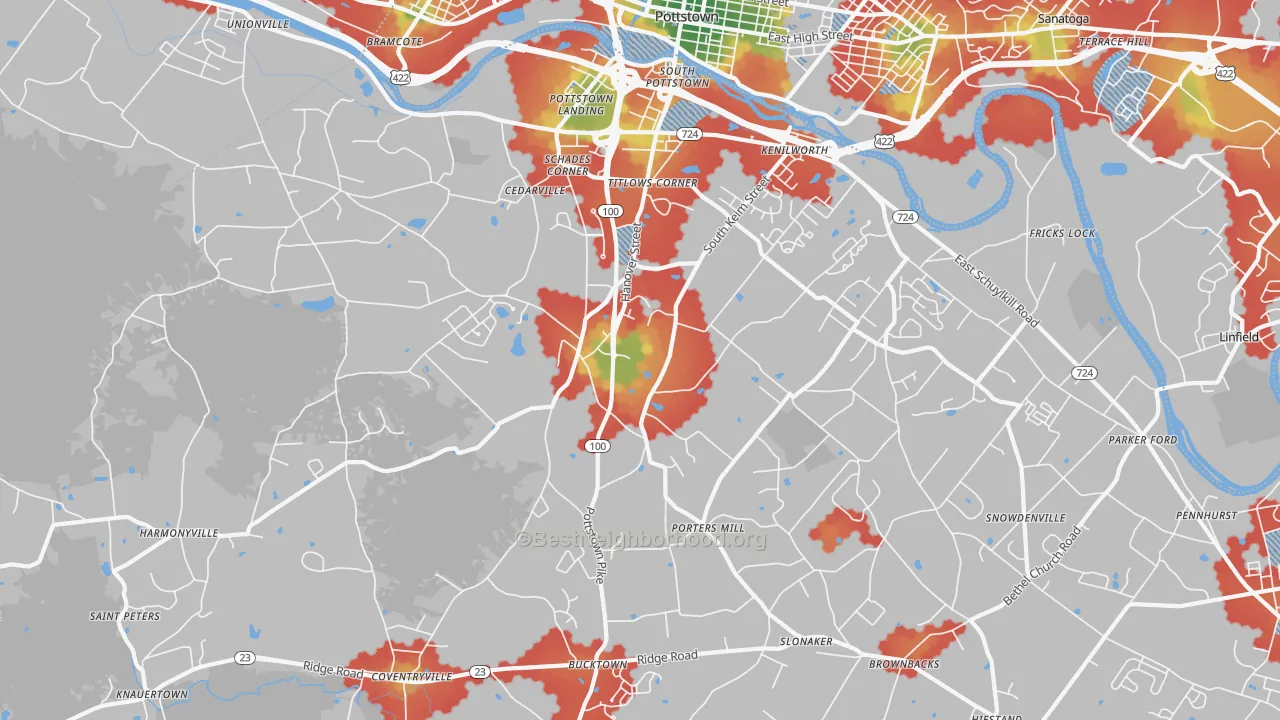 Walk Grade map of 19465, PA, walkable areas in green and car-dependent areas in red