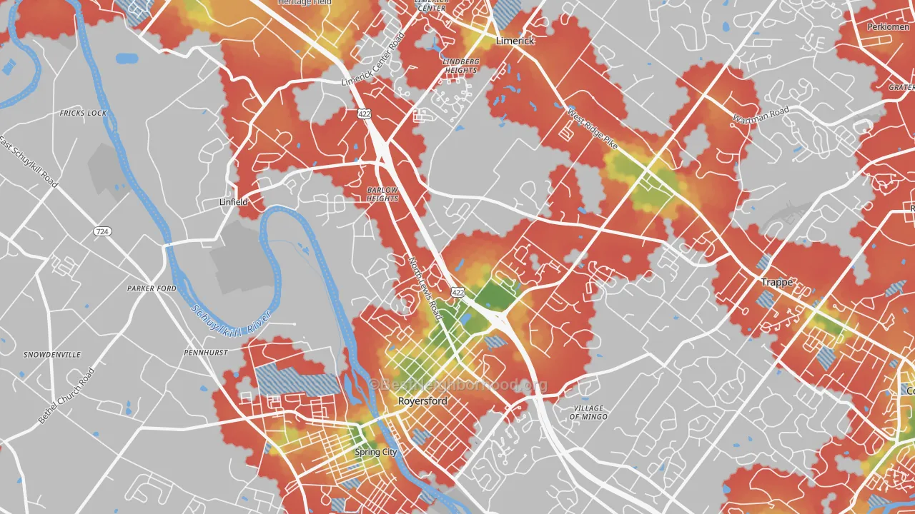 Walk Grade map of 19468, PA, walkable areas in green and car-dependent areas in red