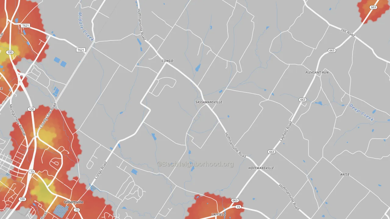 Walk Grade map of 19472, PA, walkable areas in green and car-dependent areas in red