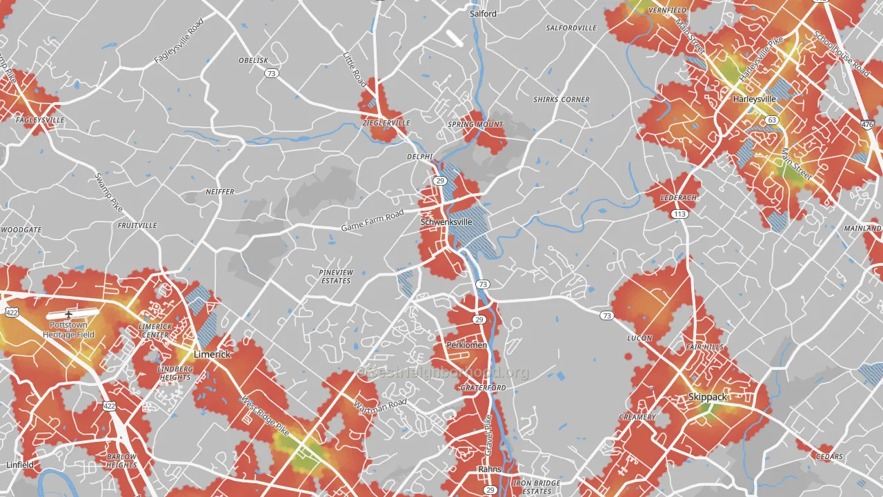 Walk Grade map of 19473, PA, walkable areas in green and car-dependent areas in red